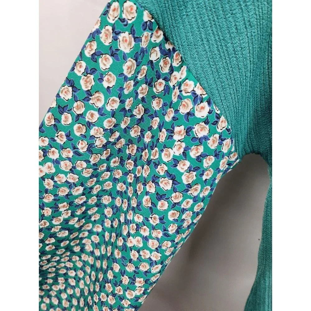 White Birch Green Floral Puff Sleeve Ribbed Knit BOHO Tunic Top Medium - Picture 5 of 8